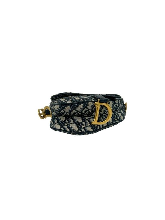 Christian Dior Navy Trotter Oblique Saddle 2way Shoulder Handbag Dior Saddle Bag Trotter Pattern Canvas Leather 2-Way Navy